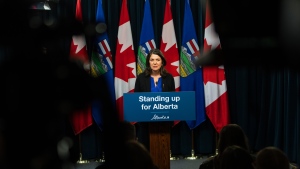 Alberta Premier Danielle Smith speaks at a press conference after the Speech from the Throne in Edmonton, on Tuesday, Nov. 29, 2022. THE CANADIAN PRESS/Jason Franson