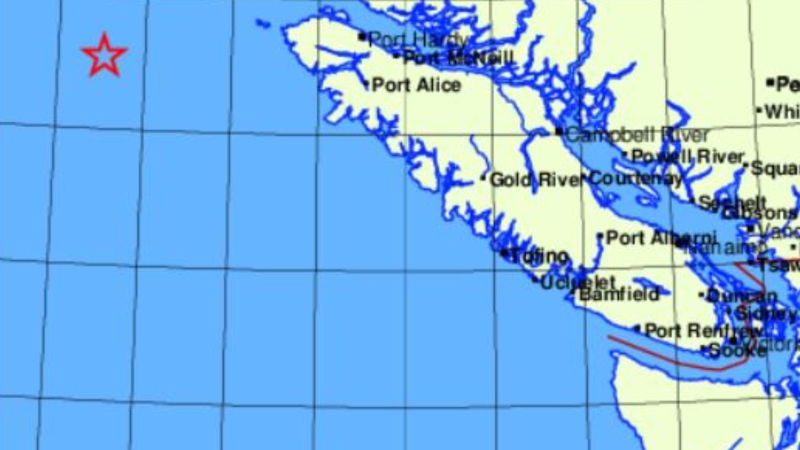 The earthquake was centred approximately 210 kilometres west of Port Hardy, B.C., near the northern tip of Vancouver Island on Tuesday. (Earthquakes Canada)