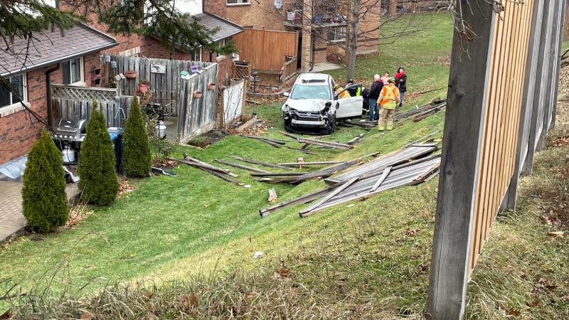 Emergency crews attend the scene of a single-vehicle crash in Barrie, Ont., on Tues., Dec. 6, 2022. (CTV News/Dana Roberts)  