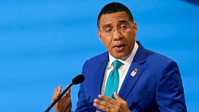 Jamaican Prime Minister Andrew Holness speaks at the Summit of the Americas, June 10, 2022, in Los Angeles. (AP Photo/Marcio Jose Sanchez)