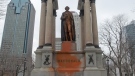 The statue of John A. Macdonald was vandalized again Thursday, March 21, 2019 in Montreal. A group claiming responsibility says they want the statue removed alleging the former Primee Minister was a racist. THE CANADIAN PRESS/Ryan Remiorz