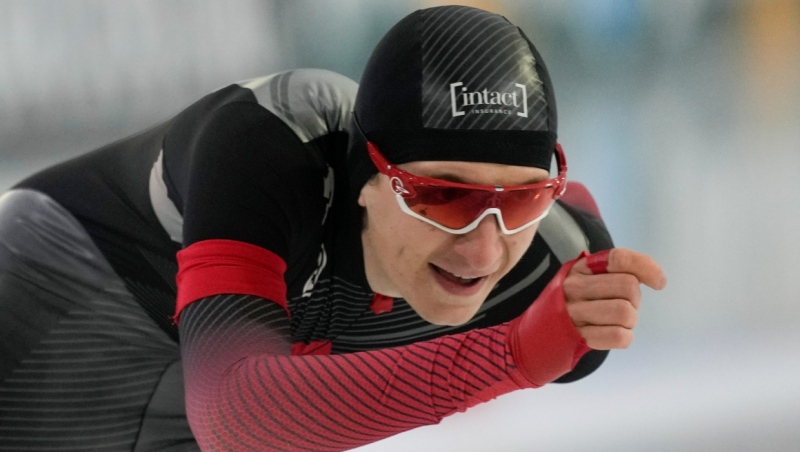 Canada's Connor Howe competes in the men's 1,500-meter speedskating race of the World Cup final in Thialf ice rink, Heerenveen, Netherlands, Sunday, March 13, 2022. (AP Photo/Peter Dejong)