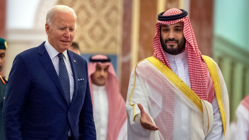 In this photo released by the Saudi Royal Palace, Saudi Crown Prince Mohammed bin Salman, right, welcomes U.S. President Joe Biden to Al-Salam Palace in Jeddah, Saudi Arabia, July 15, 2022. (Bandar Aljaloud/Saudi Royal Palace via AP, File)