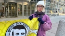 Sally Lane, mother of Jack Letts, a Canadian man detained in a Kurdish-controlled prison, demonstrates outside of the Federal Court in Ottawa. (Judy Trinh/CTV National News)