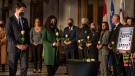 Prime Minister Justin Trudeau and Outremont MP Rachel Bendayan lay single white roses to commemorate the victims on the 33rd anniversary of the Ecole Polytechnique mass shooting in Montreal, on Tuesday, December 6, 2022. On Dec. 6, 1989, a man motivated by a hatred of feminists shot and killed 14 female students and injured 13 other people at the Montreal engineering school. THE CANADIAN PRESS/Peter McCabe