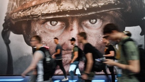 An advertisement for the video game 'Call of Duty' at Gamescom in Cologne, Germany, on Aug. 22, 2017. (Martin Meissner / AP) 
