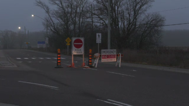 Road closed sign in Cambridge following a fatal collision on Hespeler Road on Dec.7. (Karis Mapp/CTV News)