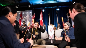 Indigenous drummers perform a song during the official start of the Assembly of First Nations (AFN) Special Chiefs Assembly (SCA) in Ottawa, on Tuesday, Dec. 6, 2022. THE CANADIAN PRESS/Spencer Colby