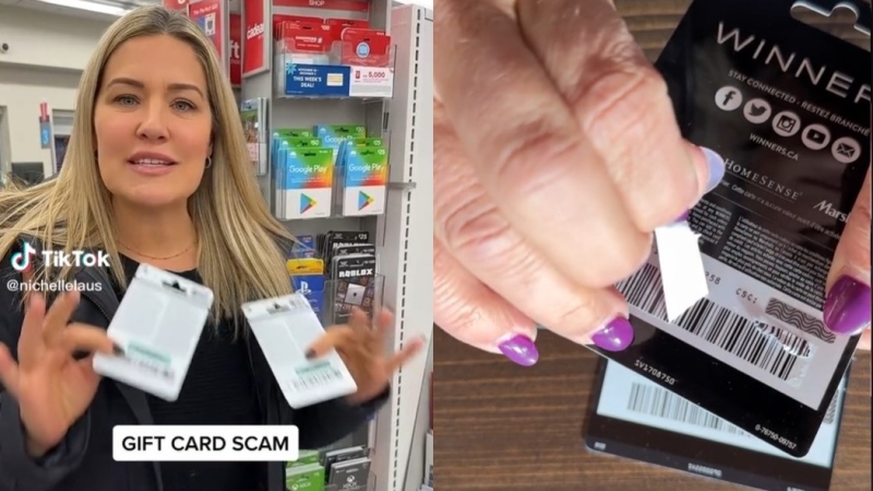 Toronto-based fitness and public safety influencer Nichelle Laus is urging Canadians to be vigilant this holiday season when buying gift cards on display at retail stores, after almost falling victim to a scam involving tampered gift cards twice. (nichellelaus/TikTok)