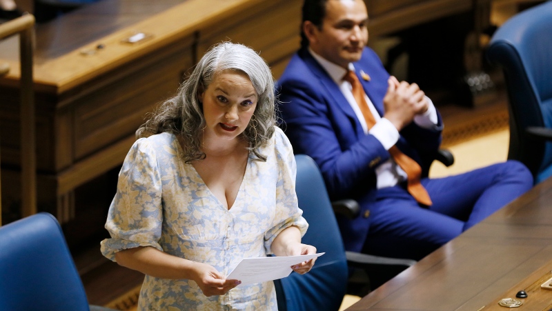 Manitoba opposition NDP member Nahanni Fontaine speaks during question period at the Manitoba Legislature in Winnipeg, Wednesday, May 6, 2020. THE CANADIAN PRESS/John Woods