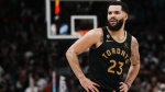 Toronto Raptors guard Fred VanVleet looks on during NBA basketball action against the Dallas Mavericks in Toronto on Saturday, November 26, 2022. VanVleet says his recent social media activity has nothing to do with his shooting slump. THE CANADIAN PRESS/Chris Young