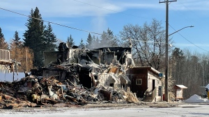 The aftermath of a fire at the Rennie Hotel and post office on Dec. 8, 2022 (Image source: Jamie Dowsett/CTV News Winnipeg)
