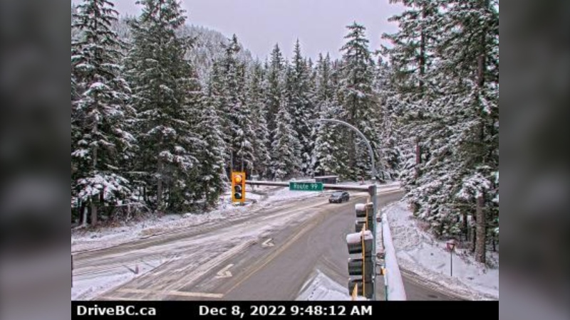 A stretch of the Sea to Sky Highway south of Whistler, B.C., is seen in a provincial highway camera image. Forecasters are expecting 10 centimetres of snow on the busy route Thursday. 