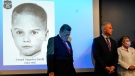 William C. Fleisher, with the Vidocq Society, center, Philadelphia Police Captain Jason Smith, and Dr. Constance DiAngelo, Philadelphia Chief Medical Examiner, listen during during a news conference in Philadelphia, Thursday, Dec. 8, 2022. Nearly 66 years after the battered body of a young boy was found stuffed inside a cardboard box, Philadelphia police have revealed the identity of the victim in the city's most notorious cold case. Police identified the boy as Joseph Augustus Zarelli. (AP Photo/Matt Rourke)