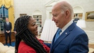 U.S. President Joe Biden meets Cherelle Griner about the release of her wife Brittney Griner on Dec. 8 in the Oval Office. (Adam Schultz/The White House/Getty Images)