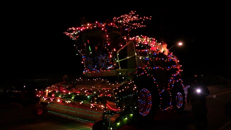 A agricultural machine decorated for the Rockwood Farmers’ Annual Santa Clause Parade of Lights on Dec. 8, 2022. (Colton Wiens/CTV Kitchener)