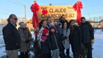 Group gathers as Percy Park in the Flour Mill area of Sudbury is renamed Parc Claude Charbonneau Park after a long-time volunteer. Dec. 8/22 (Ian Campbell/CTV Northern Ontario)