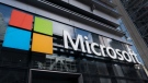 A sign for Microsoft offices in New York, on May 6, 2021. (Mark Lennihan / AP)
