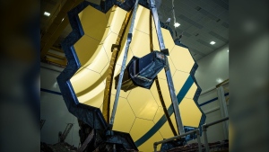 This March 5, 2020, photo made available by NASA shows the main mirror assembly of the James Webb Space Telescope during testing at a Northrop Grumman facility in Redondo Beach, Calif. (Chris Gunn/NASA via AP, File)