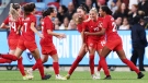 Adriana Leon of Canada celebrates with team-mates after scoring her second goal during the International Friendly Match between the Australia Matildas and Canada at Allianz Stadium on Sept. 06, 2022 in Sydney, Australia. Canada now prepares to play in the SheBelieves Cup in February. (Photo by Matt King/Getty Images)