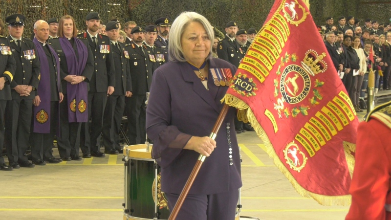 Governor General Mary Simon presents the Royal Canadian Dragoons with their new colours Friday, Dec. 9, 2022. This is only the fifth such ceremony in the regiment's nearly 140-year history. (Dylan Dyson/CTV News Ottawa)