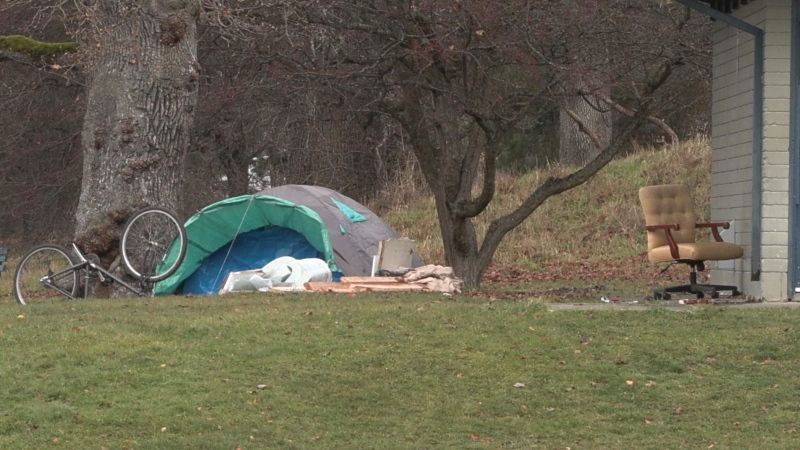 A tent is set up at Topaz Park in Victoria. Dec. 9, 2022. (CTV News)