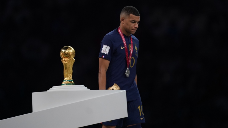 Kylian Mbappe of France reacts after the FIFA World Cup Qatar 2022 Final match between Argentina and France at Lusail Stadium on Dec. 18, 2022 in Lusail City, Qatar. (Photo by Khalil Bashar/Jam Media/Getty Images)
