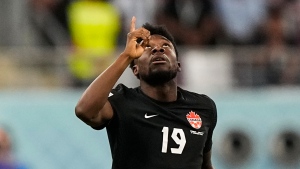 Canada's Alphonso Davies celebrates after scoring the opening goal during the World Cup group F soccer match between Croatia and Canada, at the Khalifa International Stadium in Doha, Qatar, Sunday, Nov. 27, 2022. (Martin Meissner / AP Photo)