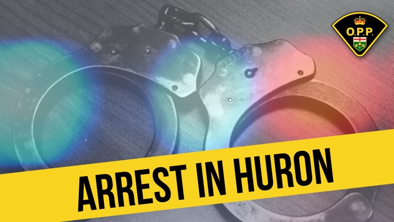 An OPP graphic that depicts a pair of handcuffs and says "Arrest in Huron." (Source: West Region OPP/Twitter)