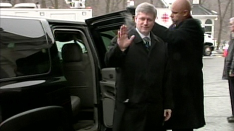 Prime Minister Stephen Harper arrives at Rideau Hall in Ottawa for the swearing-in ceremony of new ministers, Tuesday, Jan. 19, 2010.
