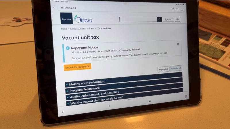 A tablet showing the vacant unit tax declaration page on the city of Ottawa's website. (Leah Larocque/CTV News Ottawa)