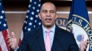 Incoming House Minority Leader Hakeem Jeffries, D-N.Y., speaks during a news conference as the House of Representatives struggles to elect a speaker and convene the 118th Congress with a new Republican majority, on Capitol Hill in Washington, Thursday, Jan. 5, 2023. (AP Photo/Jose Luis Magana)