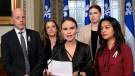 Cinematographer Lea Clermont-Dion speaks of cyberviolence at a news conference, Monday, December 5, 2022 at the legislature in Quebec City. From the left, Parti Quebecois MNA Joel Arseneau, cinematographer Guylaine Maroist, Lea Clermont-Dion, victim Laurence Gratton and Quebec Solidaire MNA Ruba Ghazal. THE CANADIAN PRESS/Jacques Boissinot