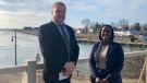 Central Elgin Mayor Andrew Sloan and London West MP Arielle Kayabaga announce funding to help protect Port Stanley's shoreline. Jan. 16, 2023. (Brent Lale/CTV News London)