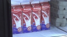 Milk sits waiting to be boxed up at the Partners In Mission Foodbank in Kingston, Ont. (Kimberley Johnson/CTV News Ottawa)