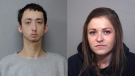 Madison "Ashley Maddison" Alcorn (right), 28, and 24-year-old Jacob "Kris" Bruckner (left) are wanted by police for a New Year's Day shooting on the First Nation territory of Rama. (Rama Police Service)