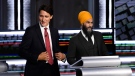 Liberal Leader Justin Trudeau, left, and NDP Leader Jagmeet Singh, prepare for the start of the federal election English-language Leaders debate in Gatineau, Que., on Thursday, Sept. 9, 2021. THE CANADIAN PRESS/Justin Tang