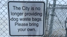 According to regular park users, a sign notifying dog owners the city no longer supplies bags was installed at the park last week. (Donovan Maess/CTV News)
