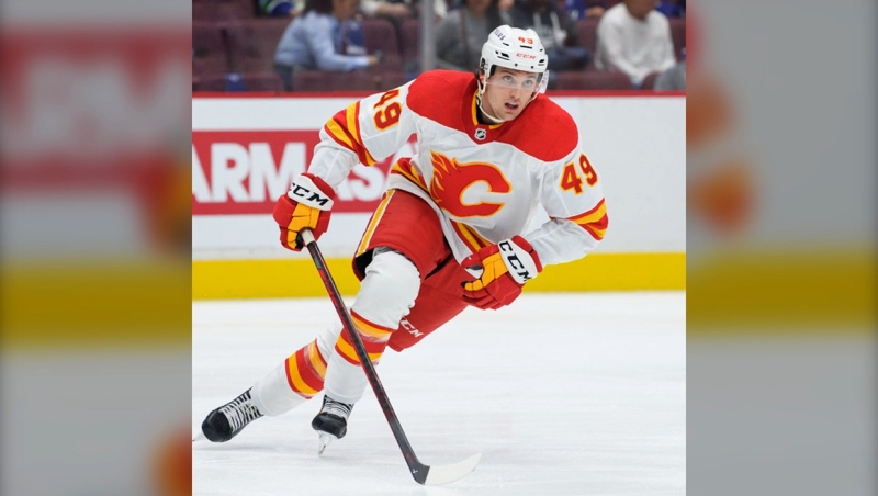 Jakob Pelletier is shown in a photo from the Calgary Flames' X account. (Photo: @NHLFlames)