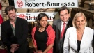 Andree Simard, wife of former Quebec Premier Robert Bourassa, his son Francois and daughter Michelle gather around Montreal mayor Denis Coderre during a ceremony renaming Montreal's University Street to Robert-Bourassa Boulevard Wednesday, August 27, 2014 in Montreal. THE CANADIAN PRESS/Paul Chiasson