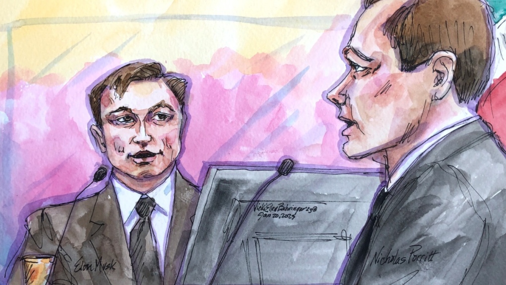 Courtroom sketch depicts Elon Musk, left