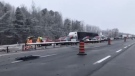 A tractor-trailer collision on Highway 11 in Oro-Medonte, Ont., on. Jan. 23, 2023.