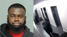 An image of Boaz Frimpong, 28, one of the two suspects wanted in connection to a home invasion on Nov. 30. On the right, surveillance footage of the alleged incident in a condo building located in Liberty Village. (Toronto Police Service)