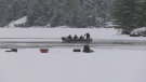 Rescue crews in Six Mile Lake are searching for a missing snowmobiler on Mon., Jan. 23, 2023. (CTV News/Christian D'Avino)