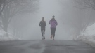 People jog through the Central Experimental Farm during heavy fog and rain in Ottawa, on Saturday, Dec. 31, 2022. (THE CANADIAN PRESS/Spencer Colby)