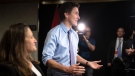 Prime Minister Justin Trudeau, joined by Deputy Prime Minister and Finance Minister Chrystia Freeland, speaks to the media at the Hamilton Convention Centre, in Hamilton, Ont., ahead of the Liberal cabinet retreat, Jan. 23, 2023. THE CANADIAN PRESS/Nick Iwanyshyn