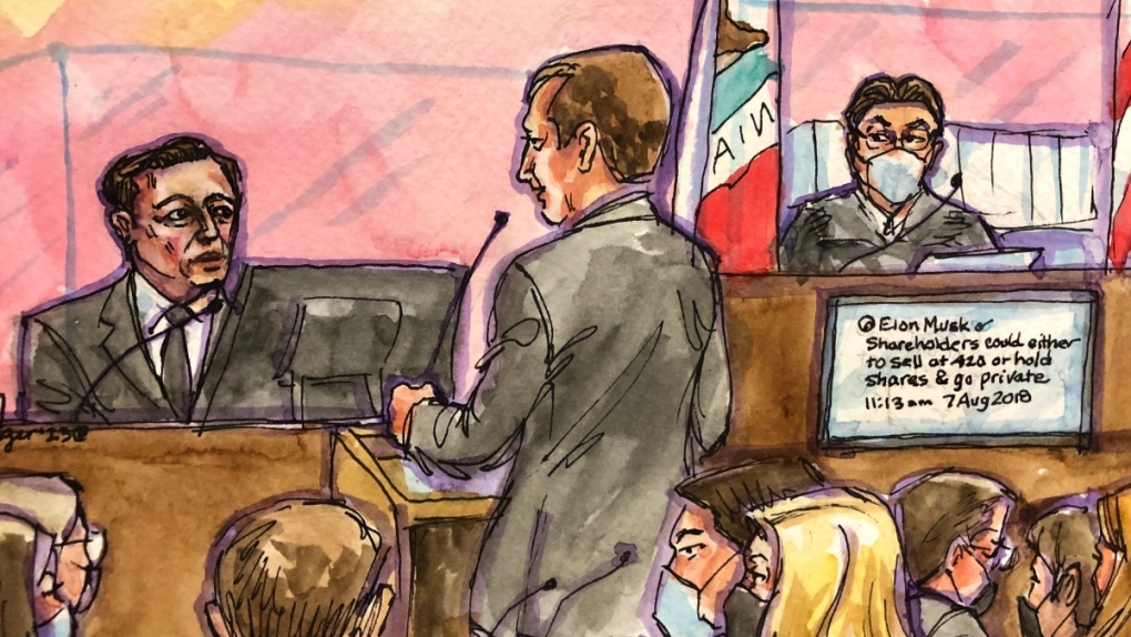 Elon Musk, left, depicted in a courtroom sketch