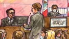 Elon Musk, left, depicted in a courtroom sketch, Jan. 23, 2023. (Vicki Behringer via AP)