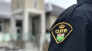 An Ontario Provincial Police (OPP) badge is seen on an officer's arm on Jan. 24, 2023. (Dan Lauckner/CTV Kitchener)