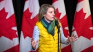 Minister of Foreign Affairs Mélanie Joly speaks to the media at the Hamilton Convention Centre, in Hamilton, Ont., during the second day of meetings at the Liberal Cabinet retreat, on Tuesday, January 24, 2023. THE CANADIAN PRESS/Nick Iwanyshyn